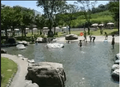水遊びが楽しめるじゃぶじゃぶ池、公園、プール(山城総合運動公園の施設内の小川)